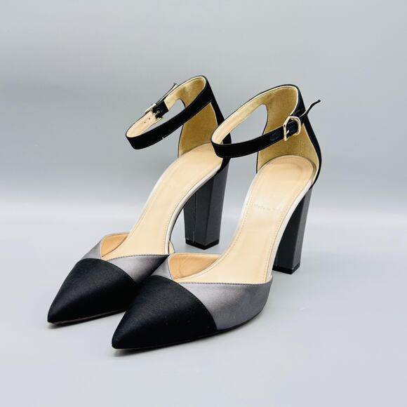 J Crew Shoes Women 8.5 Black Gray Satin Colorblock Pump Ankle Strap Block Heels - Picture 4 of 11